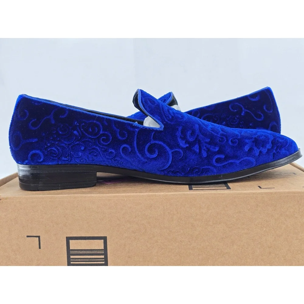 Stacy Adams Vion Velvet Loafers Mens Size 9 Royal Blue Paisley Slip On - VG‎